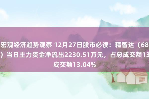 宏观经济趋势观察 12月27日股市必读：精智达（688627）当日主力资金净流出2230.51万元，占总成交额13.04%